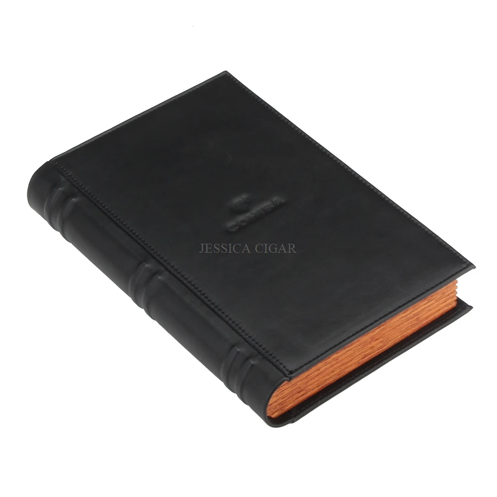 Black COHIBA COHIBA элегантный дизайн книги кедровый деревянный ящик для сигар, портативный кожаный чехол для путешествий с обрезчиком, гигрометр - Цвет: Black COHIBA