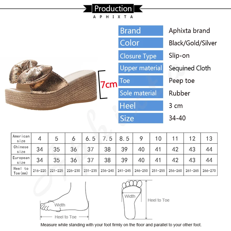 Aphixta/женские шлепанцы на танкетке 7 см женские из расшитой золотыми блестками