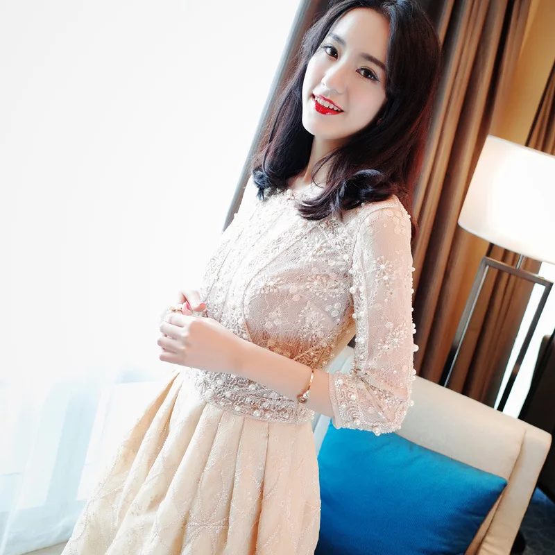 Платье с ручной строчкой и жемчугом кружевное платье 7 рукавами на талии вечернее