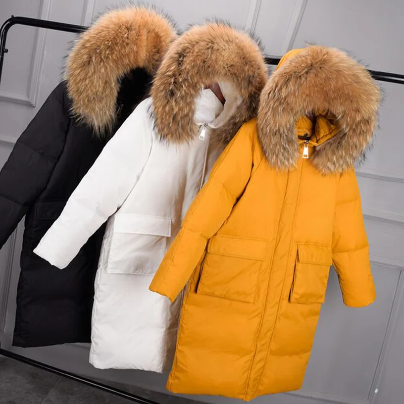 Настоящий натуральный мех енота 2018 Новый Для женщин зимнее пальто толстая теплая