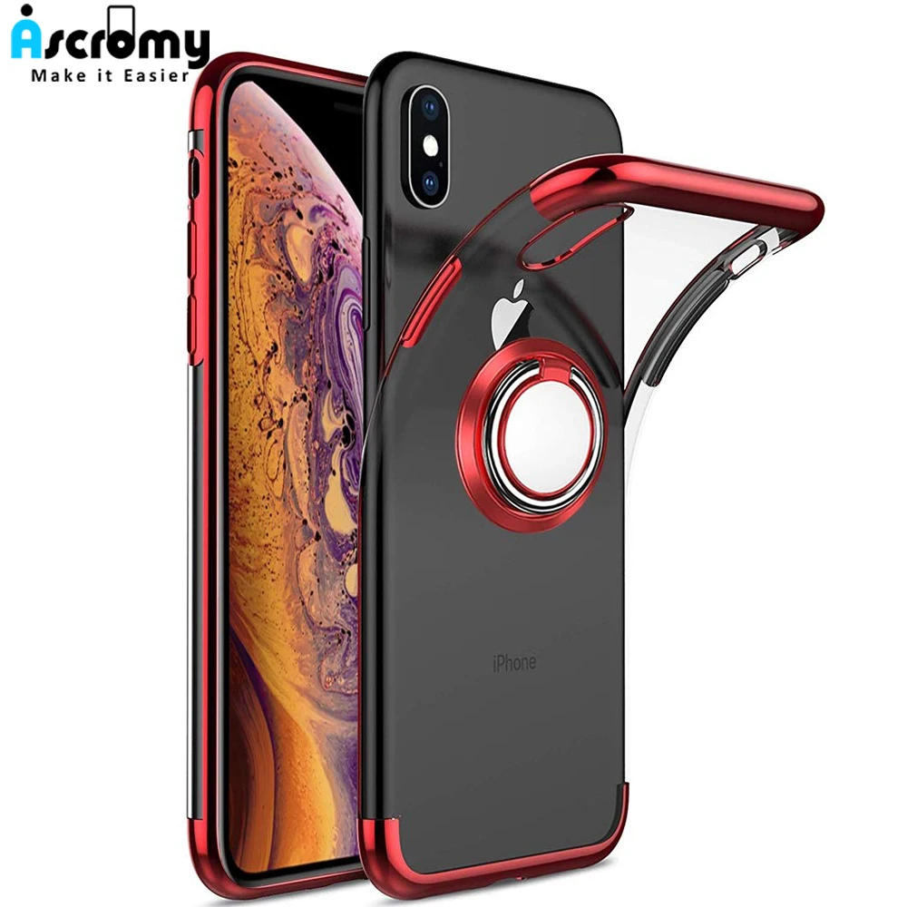 Ascromy For iPhone X Case 360 Rotatable Ring Holder Kickstand Magnetic Car Mount Silicone Cover Coque XS Max XR 8Plus |