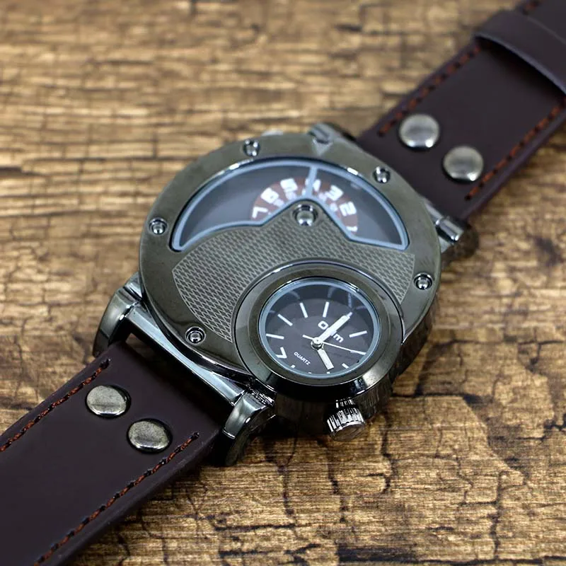 Часы мужские армейские с двойным часовым механизмом кожаные кварцевые наручные