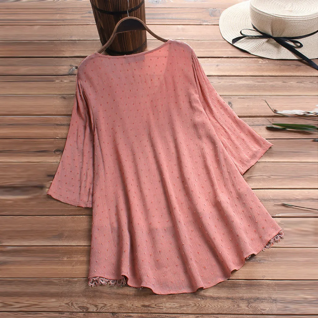 

Women Blouse T Shirt Summer Women Vintage Jacquard Three Quarter Lace V-Neck Plus Size Top T-Shirt Blouse T-Shirt For Women #39