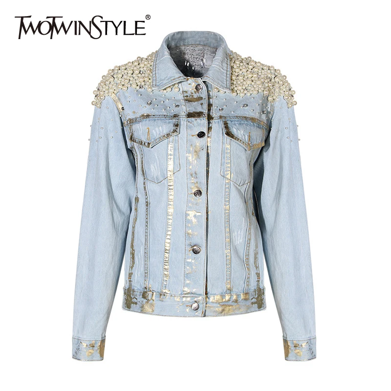 Куртка TWOTWINSTYLE весенняя с длинным рукавом и отложным воротником|denim coat|coat for womencoat