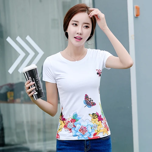 Summer Plus Size Tees Shirt Women Slim Short Sleeve O-neck Basic T-shirts Female Fashion Flower Print Diamond Casual Bts Tops | Женская