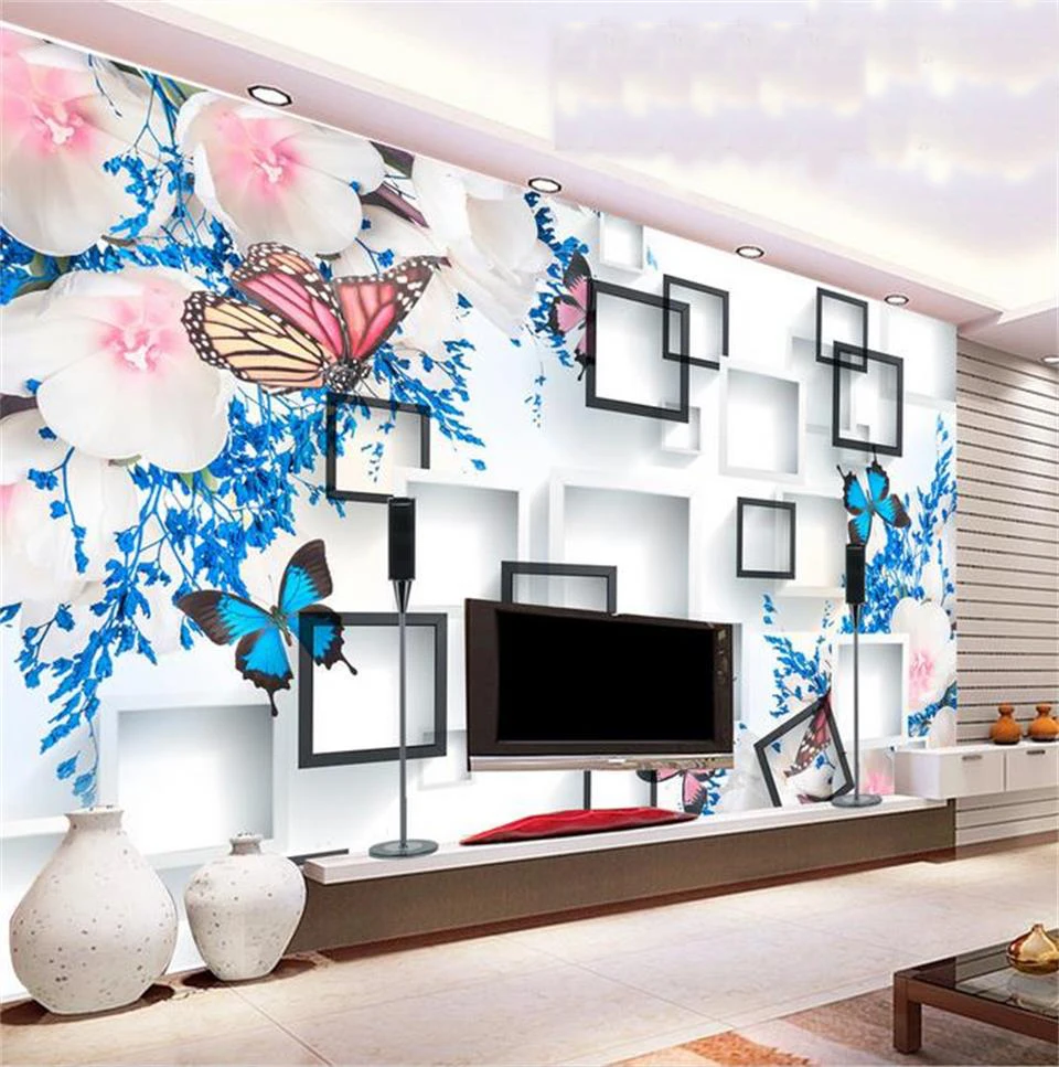 

3D-обои на заказ, фотообои для гостиной с рисунком тюльпанов, бабочек, цветов, дивана, фона для телевизора