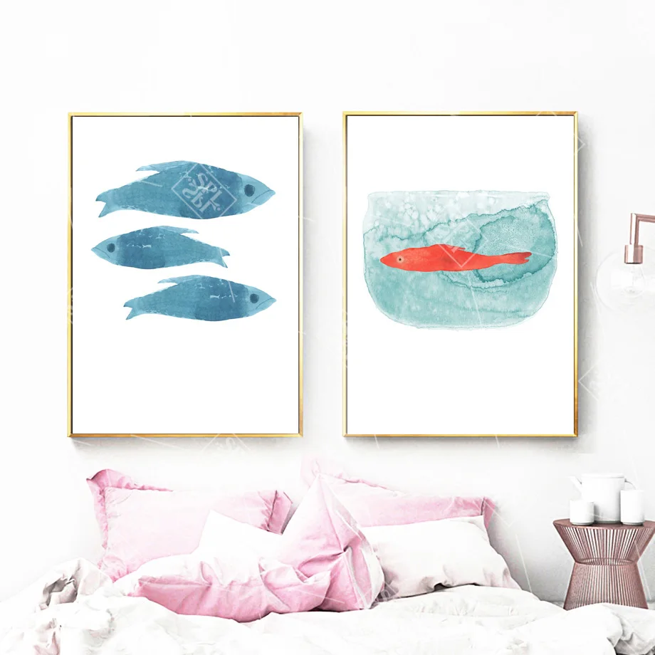 

Watercolor Blue Fish Seascape Posters And Prints Nordic Decoration Home Art Canvas Painting Boy and Girl Room Decor Wall Picture