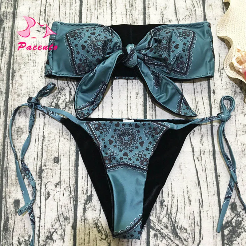 Pacento Ретро бандо сексуальный купальник для женщин с принтом бикини набор Пуш-ап