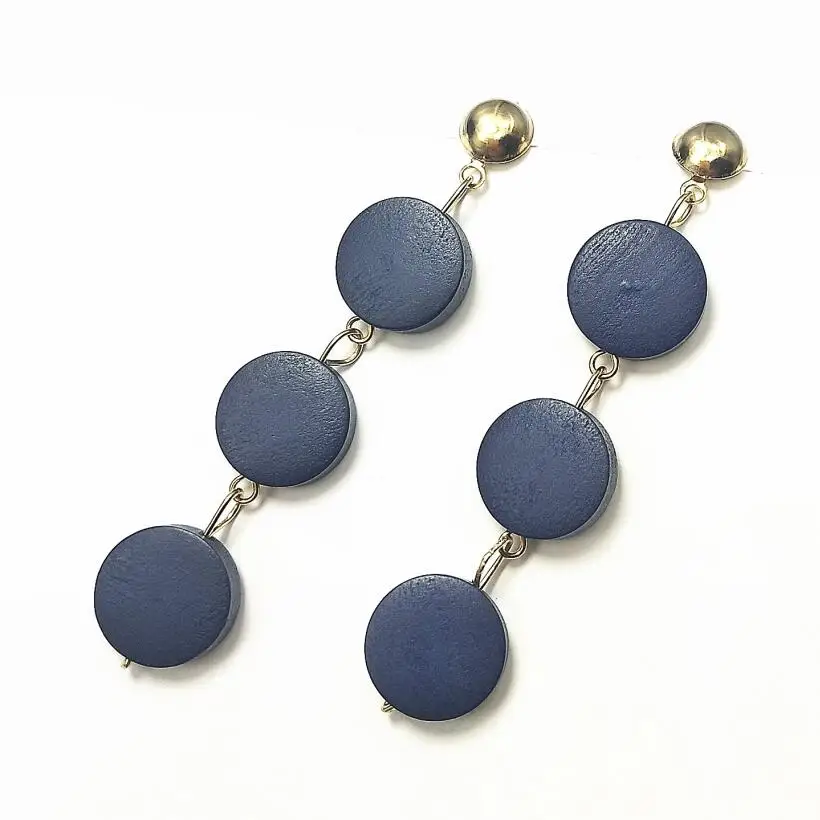 navy blue Новые три круглые серьги, геометрические деревянные висячие серьги для женщин, Висячие серьги, модные ювелирные изделия - Окраска металла: navy blue