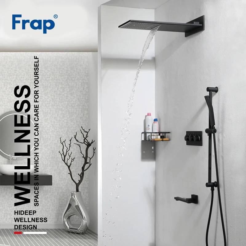 

Frap Новое поступление, латунный черный настенный смеситель для душа в ванную комнату, большой набор душевой системы для ванной комнаты, смес...