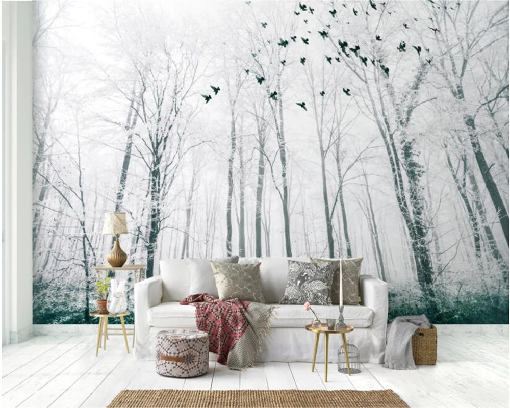 

Beibehang Custom Photo Mural Wallpaper Black and White Big Tree Snow Scene Forest Bird Background Wall 3d wallpaper tapety