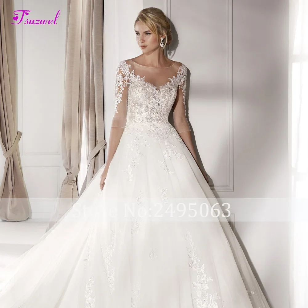 Fsuzwel Новое поступление Scoop средства ухода за кожей шеи Половина рукава А-силуэта Свадебные платья Роскошные с аппликацией из Бисера Кружевное винтажное платье для невесты