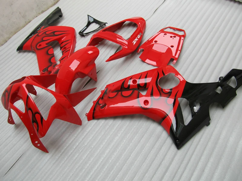 Injection mold top selling fairing kit for Kawasaki Ninja ZX6R 03 04 black flames red fairings set 2003 2004 OT11 | Автомобили и