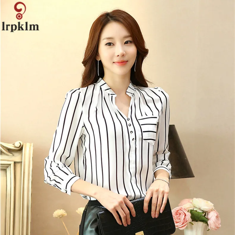 Женская блузка в черно белую полоску с v образным вырезом шифоновая рубашка