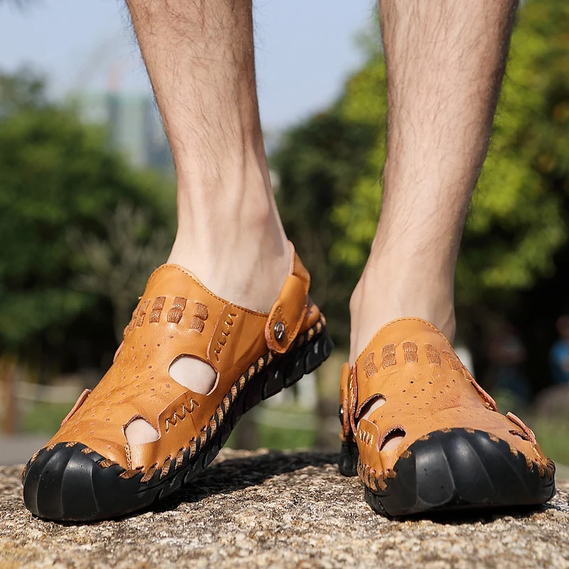 Мужские летние кожаные сандалии обувь ручной работы из спилка повседневные