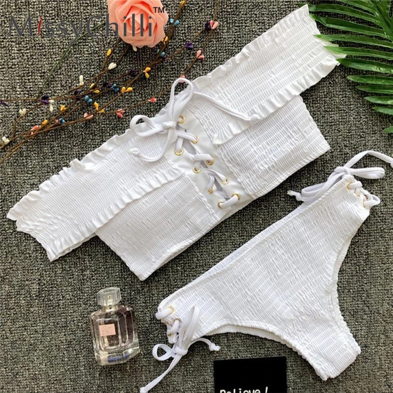 Купальник MissyChilli белый с открытыми плечами для женщин|Купальники| |