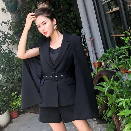 YNZZU Chic, однотонный осенний женский плащ костюм, Элегантный Тонкий Двухсекционный плащ, Женский Длинный блейзер в стиле Хол, куртки YO858 - Цвет: Черный