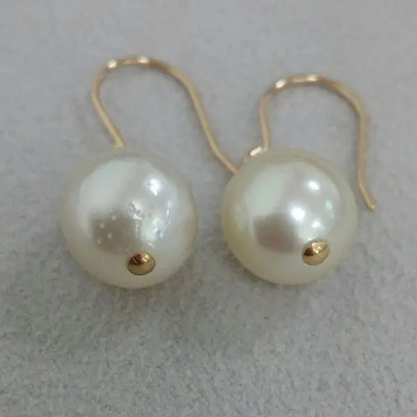 

10.3mm Real South Sea Cultured Cream Pearl Hook Drop Earrings 14k Yellow Gold