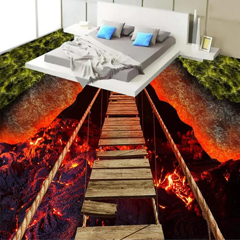 

Custom Any Size Murals Wallpaper 3D Creative Thrilling Rope Bridge Volcanic Lava Floor Sticker Kitchen Living Room PVC Wallpaper