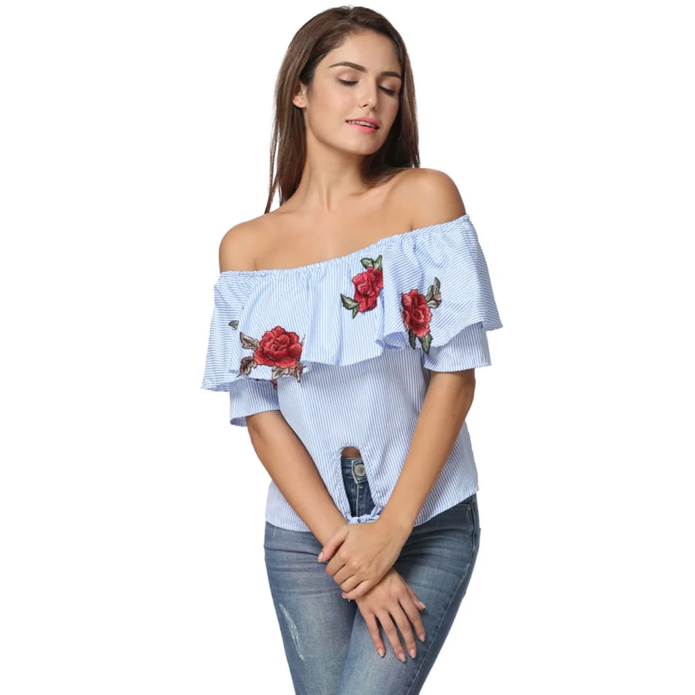 Женский топ в полоску с цветочной вышивкой и открытыми плечами Элегантная блузка