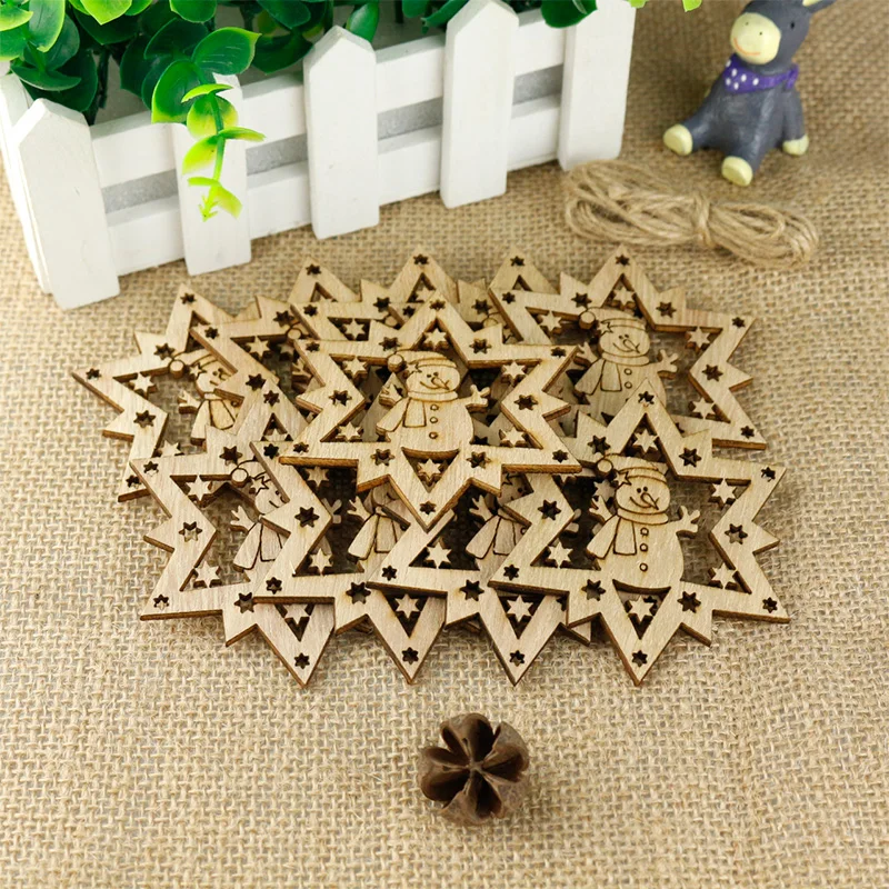 10PCS Snowman Star Wood Chips 7.5CM Chrismas Tree Pendent Decor Natural Wall Hanging Handmade Craft Wooden Accessories | Дом и сад