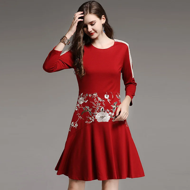Осенние женские китайский стиль floral midi красный/черное платье Вышивка платья