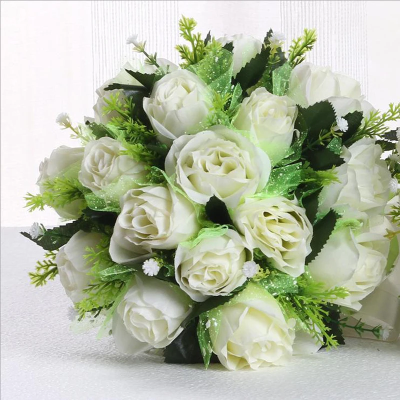 

Handmade Wedding Bridal Bridesmaid Bouquet White Artificial Silk Roses Bride Bouquets Hand Holding Flower Home Table Decoration