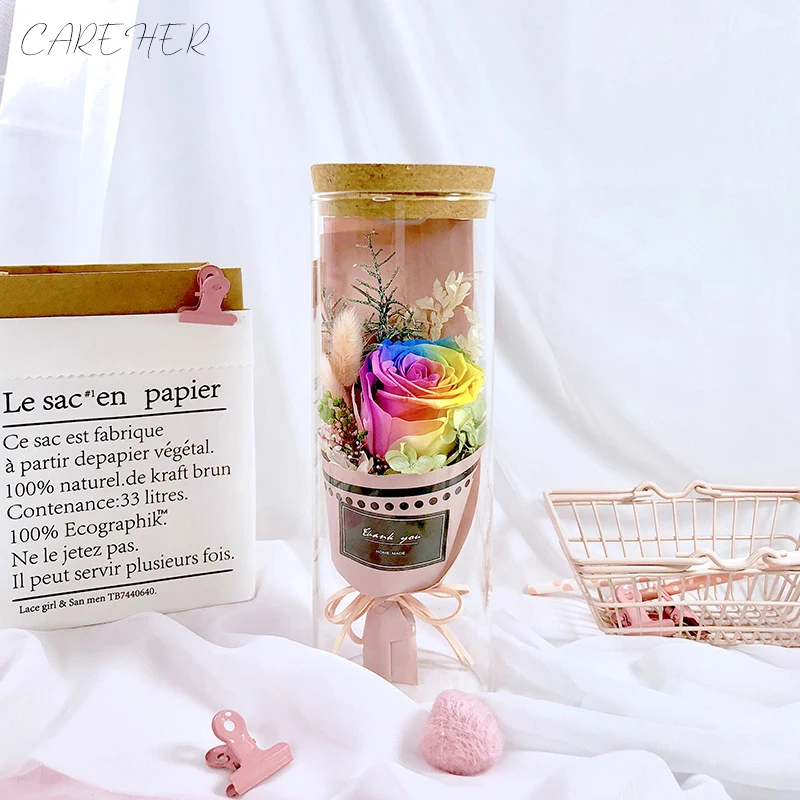 

Valentine's Day Birthday Gift Immortal Eternal Rose RGB Light Multi-colored Dome Real Preserved Rose Flower For Girlfriend Wife