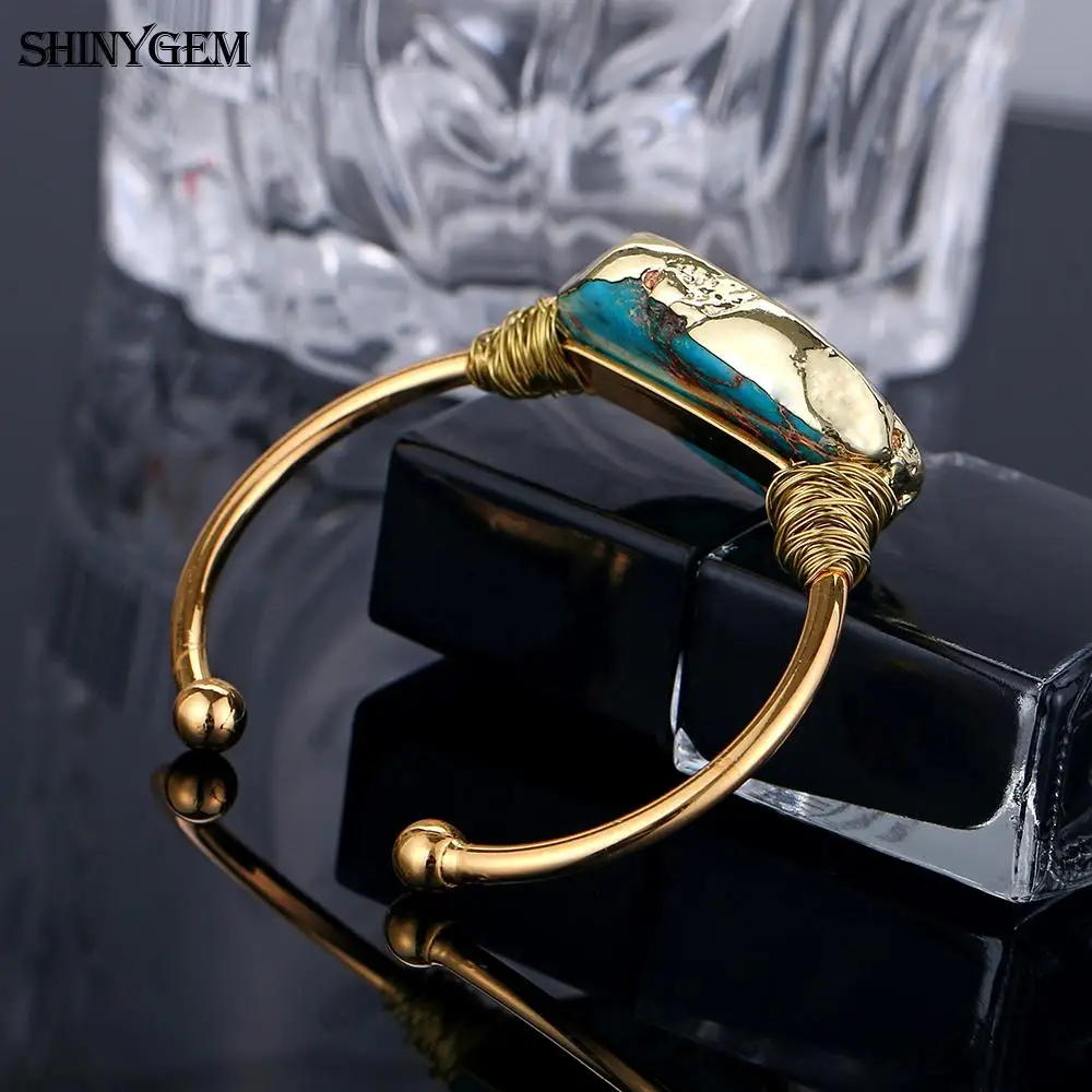 ShinyGem браслет с природными камнями винтажный необычный большой Jaspers камень браслет ручной работы Золотая проволока открытый манжета браслеты для женщин