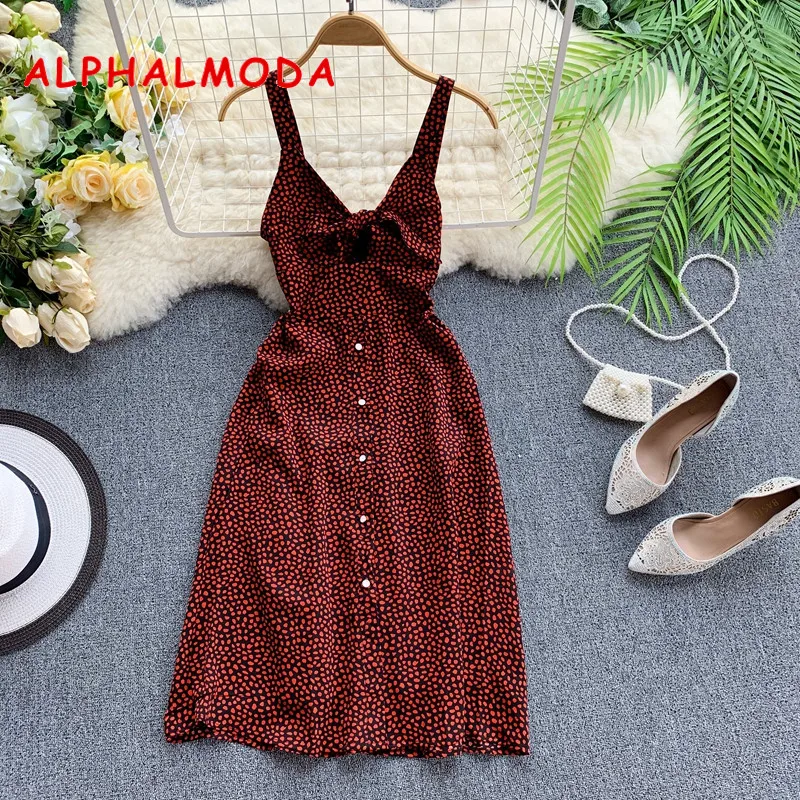 Женское мини платье без рукавов ALPHALMODA с V образным вырезом и узлом однорядное