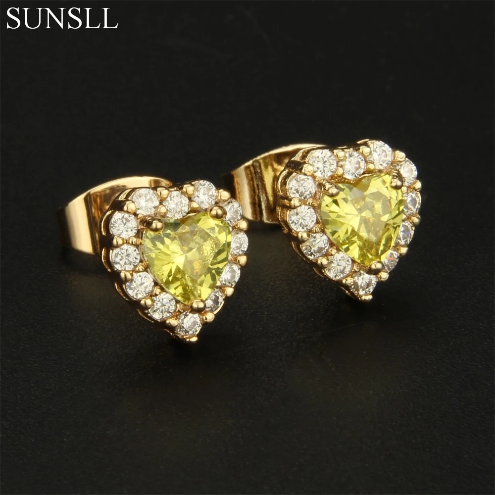 

SUNSLL Golden Color Copper Love Heart Yellow Cubic Zirconia Stud Earrings Women's Fashion Party Jewelry CZ Brincos
