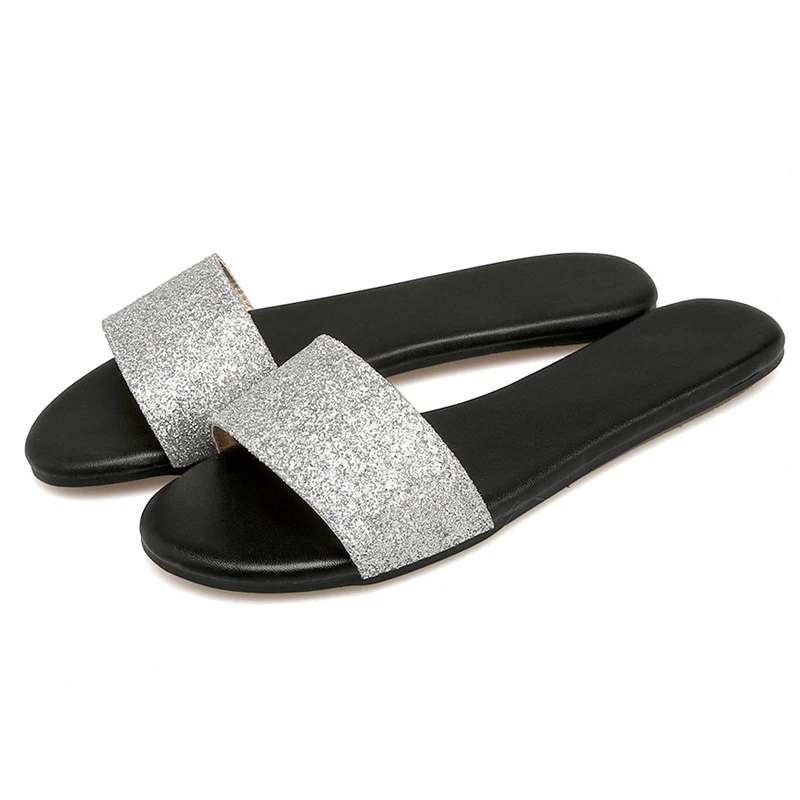 ASILETO ladies slippers summer flat sandals women sequined outdoor beach flip flops slides casual mules glitter zapatos pantufas | Обувь