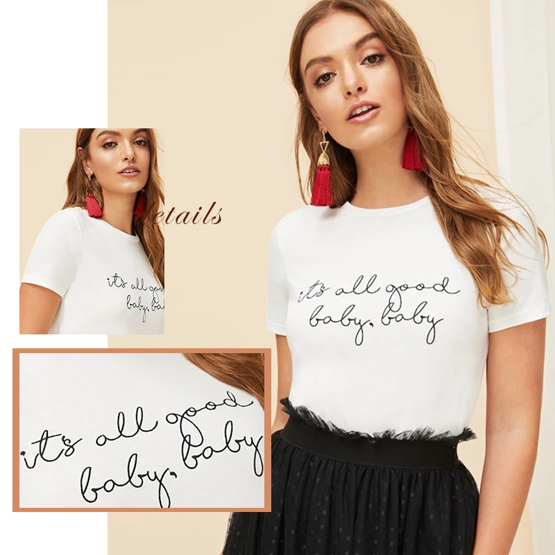Sheinside, повседневный топ с буквенным принтом, Женский Топ, лето, короткий рукав, сплошная отделка, футболка для девушек, белый, минималистичный, базовые Топы