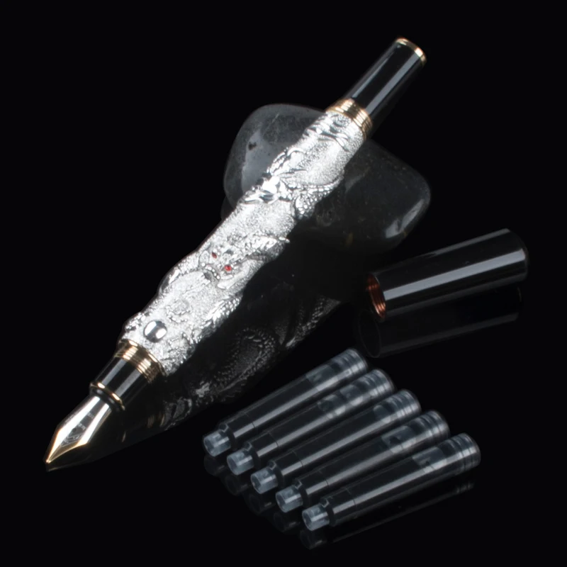 Advanced luxury Fountain Pen Jinhao Chinese Dragon White with Black Heavy school Gife pen gift box