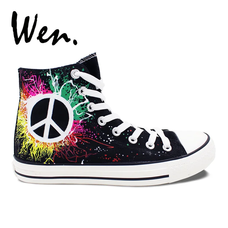 

Wen Design Custom Peace Symbol Hand Painted Canvas Skateboard Shoes Black High Top Men Women's Comfortable Outdoor Sneakers