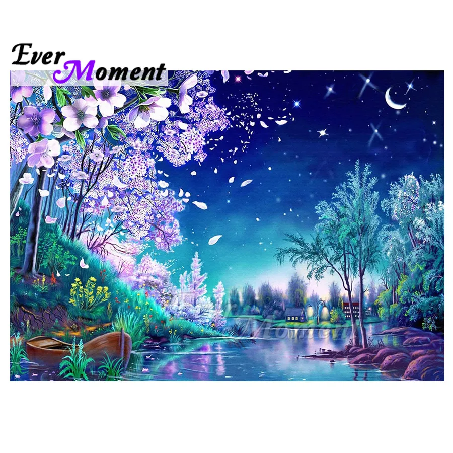 

Ever Moment Diamond Painting Handmade Lake Flower Tree Moon Full Square Drill Rhinestone Decoration Diamond Embroidery 3F1113