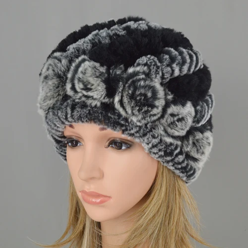 grey and black Новинка для русской зимы, женские шапки из натурального меха в цветочек и полоску, женские теплые вязаные шапки из меха кролика Рекс, уличные меховые шапки - Цвет: grey and black