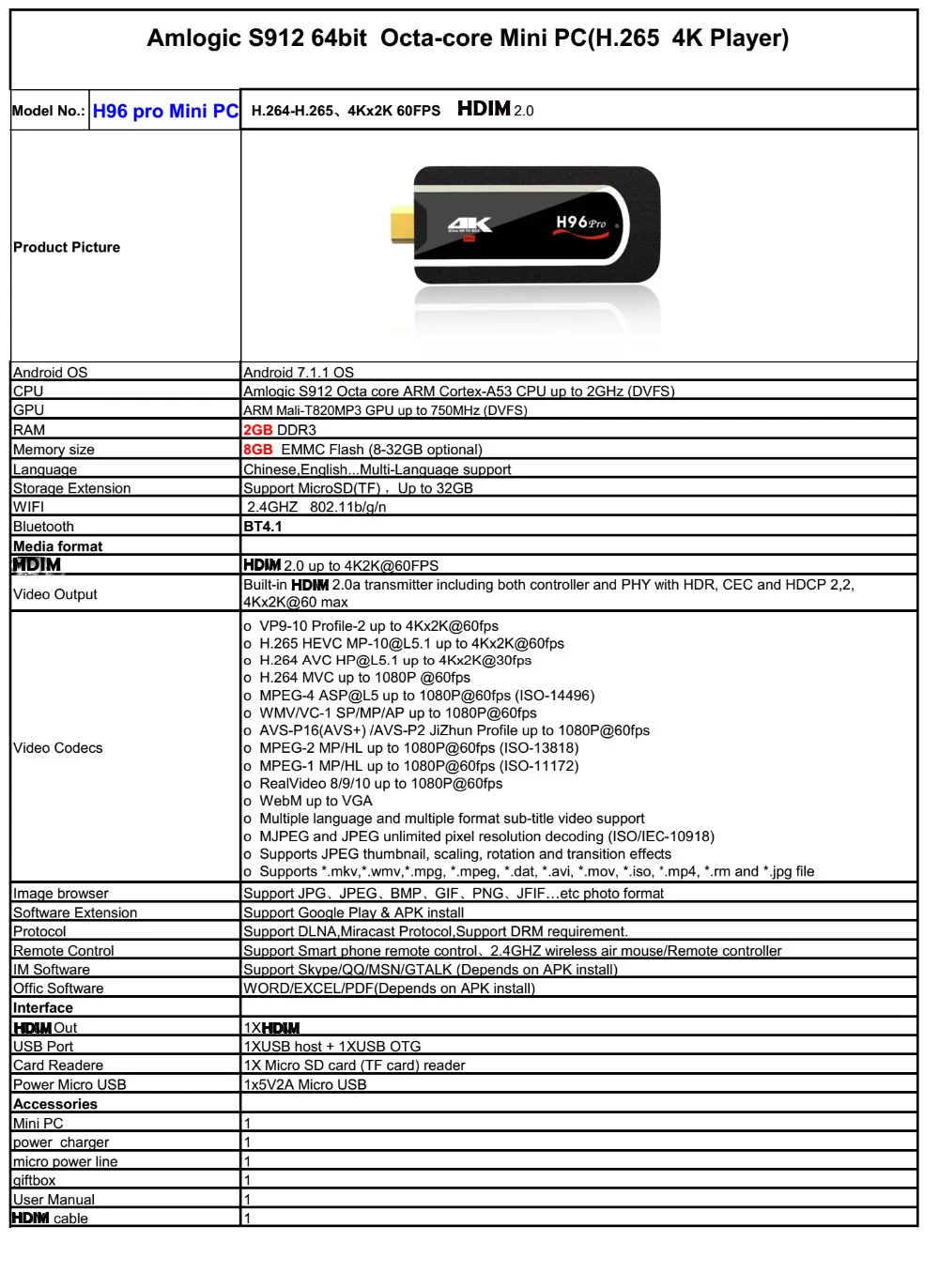 H96 pro 2G/8G 2G/16G Amlogic S912 android stick 7,1 4k ultra tv box H265. mini Android tv Stick Full