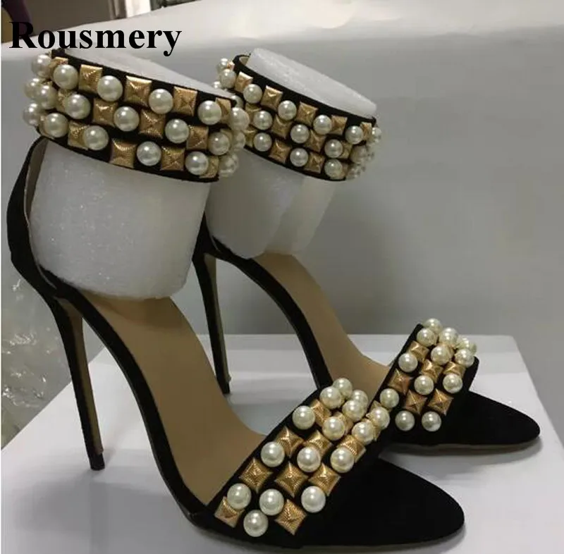 

Женские босоножки с ремешком на щиколотке, сандалии-гладиаторы на высоком каблуке с открытым носком и жемчугом, Классическая обувь с заклепками, реальные фотографии