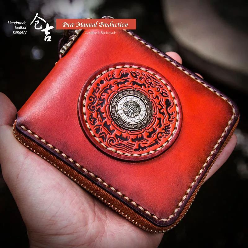 Кожаный кошелек ручной работы унисекс короткая сумка на молнии брендовый