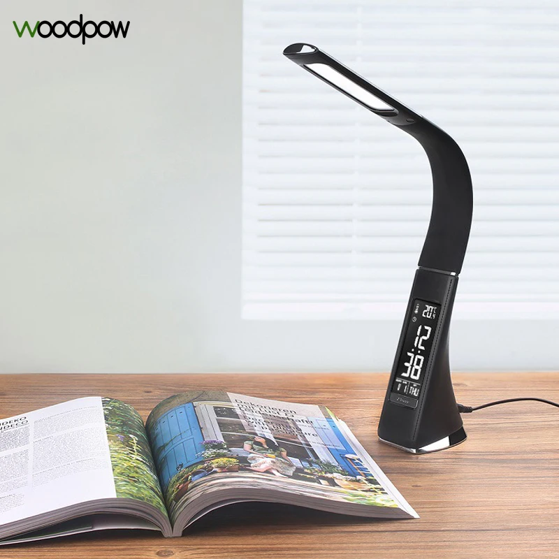 Светодиодный настольный светильник Woodpow, 5 Вт, для офиса, сенсорный, кожаный, с регулируемой яркостью, для чтения, Настольный светильник, с будильником, календарем, ЖК-дисплеем