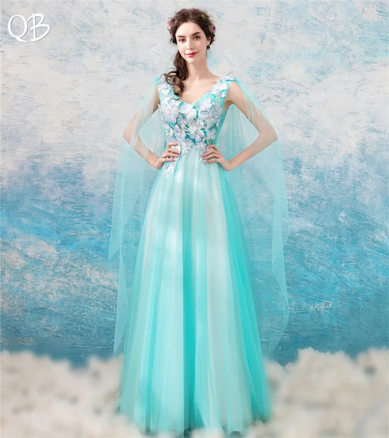 Небесно Голубой трапециевидный v образный вырез Тюль Кружева Цветы Элегантные