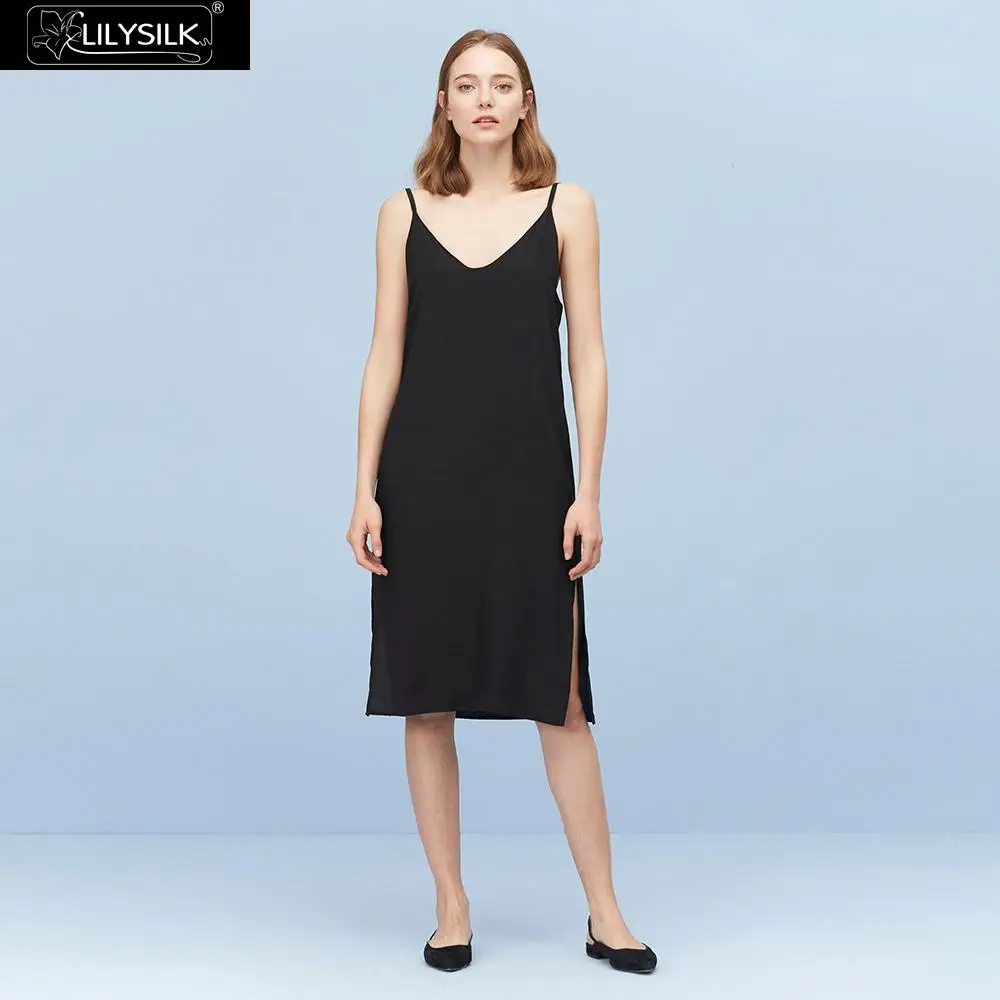 Black LilySilk платье шелковое на бретельках Гламурное глубокое u-образным вырезом Новое Женское - Цвет: Black