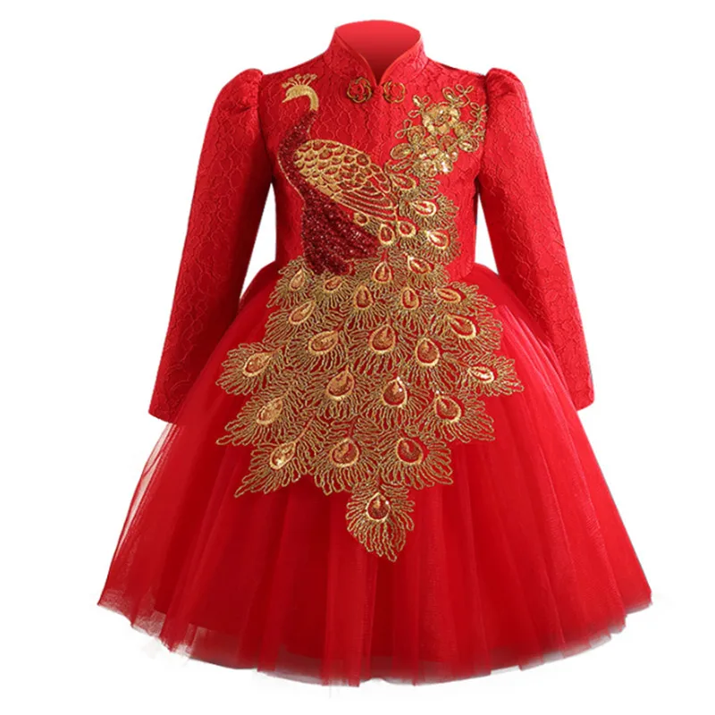 New Year's costumes for girls 2017 Baby Girl Princess Party Dress Peacock pattern Full Sleeve christmas Kids children's clothing |