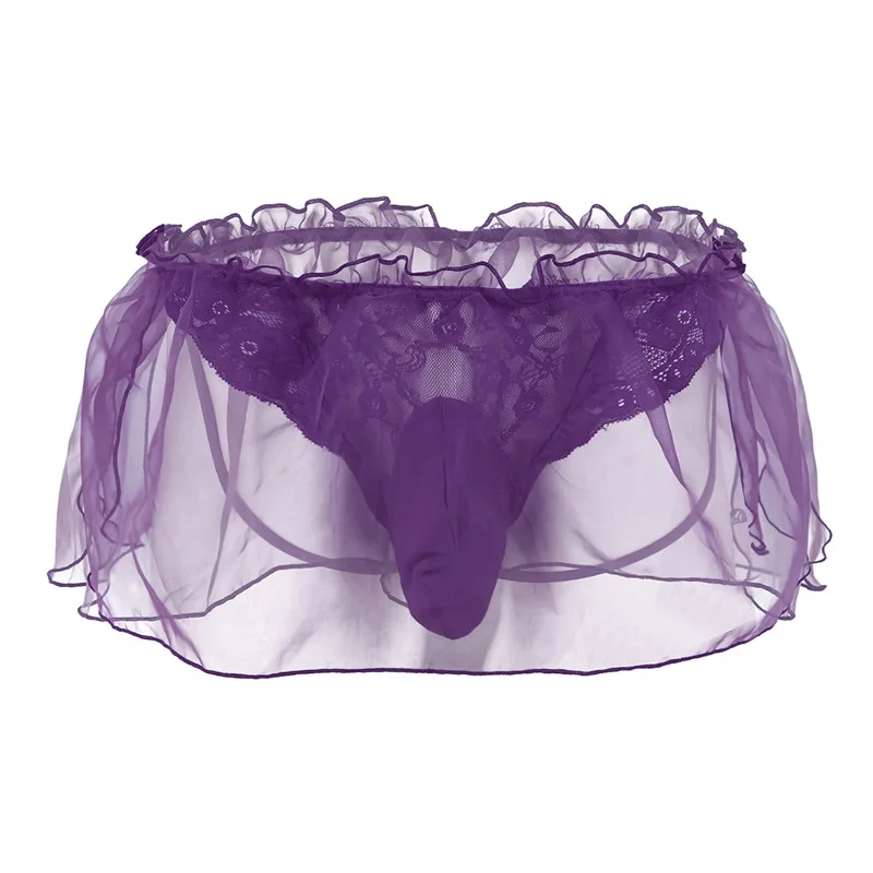 Purple Гей мужское нижнее белье Sissy кружева цветок органзы стринги трусики, бикини с выпуклой мешочком jockstrap Homme Sissy трусики - Цвет: Purple