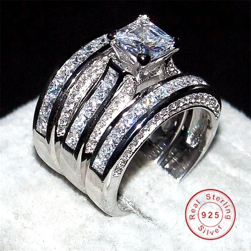 Choucong изделия класса люкс 7*7 мм Принцесса cut 20ct 5a Циркон 3-в-1 925 серебро и 14KT золотое покрытие обручальные кольца палец для Для женщин