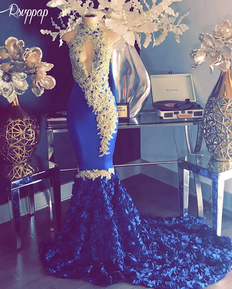 royal blue Длинные платья для выпускного вечера с высоким воротом Русалка без рукавов слоновой кости кружева Жемчуг африканская темнокожая девушка Королевский Синий Цветы выпускного вечера формальное платье - Цвет: royal blue