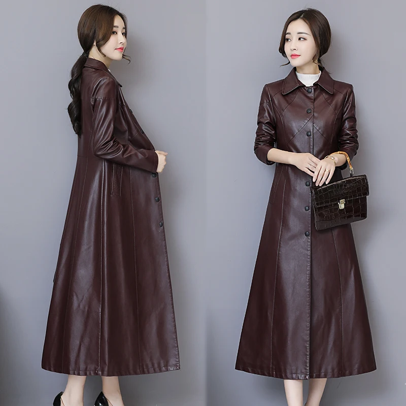 Куртка женская из мягкой искусственной кожи модное Черное длинное пальто с