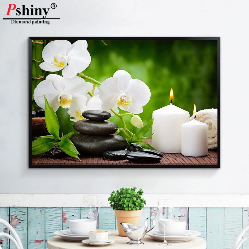 

Pshiny Новый DIY алмазная живопись "свечи Орхидея камни" Алмазная Вышивка крестом полная картина из квадратных стразов подарок F297