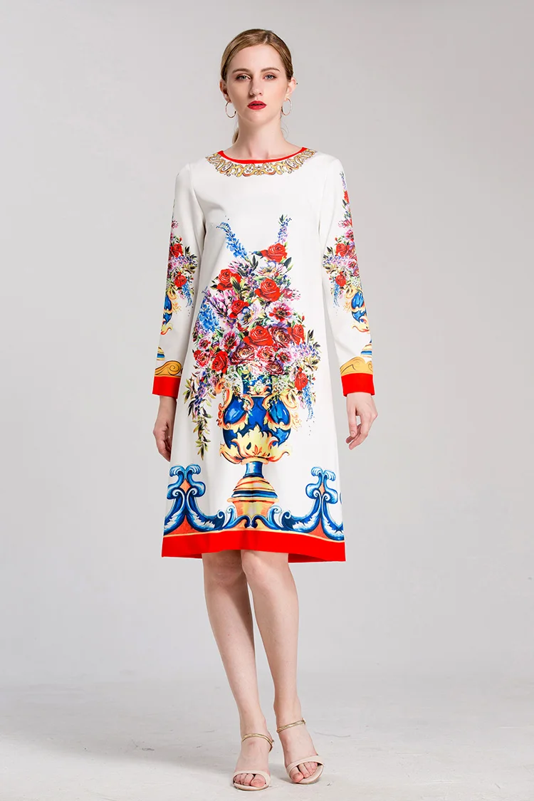 New Arrival 2018 Women's O Neck Long Sleeves Floral Printed Elegant Straight Fashion Dresses | Женская одежда